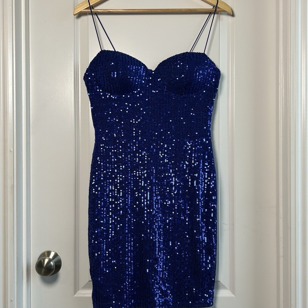 Bozzolo Royal Blue Spaghetti Strap Sweetheart Mini Sequin Bodycon‎ Party Dress